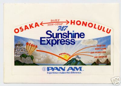 A 1970s Pan Am luggage sticker promoting 747 service between Osaka, Japan & Honolulu, USA.